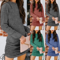 Fashion Solid Color Long Sleeve Side-drawstring Hooded T-shirt Dress