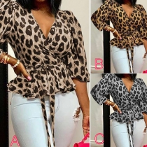 Sexy V-neck 3/4 Sleeve Leopard Printed Top