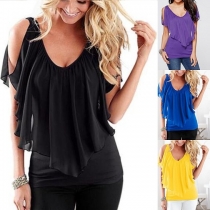 Fashion Casual Solid Color Deep V-neck Double Spliced Chiffon Tops 