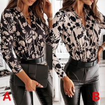 Sexy V-neck Long Sleeve Printed T-shirt