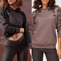 Casual Style Leopard Spliced Long Sleeve Hooded Sweatshirt
