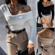 Chic Style Off-shoulder Oblique V-neck Long Sleeve Solid Color Slim Fit T-shirt