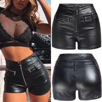 Fashion High Waist Slim Fit Solid Color PU Leather Shorts
