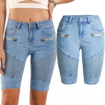 Fashion Ruched Zipper Skinny Denim Shorts