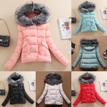 Fashion Solid Color Faux Fur Hooded Warm Padded Coat