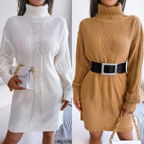Fashion Solid Color Turtle Neck Long Sleeve Knitted Dress