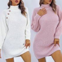Fashion Solid Color Turtleneck Long Sleeve Buttoned Knitted Dress