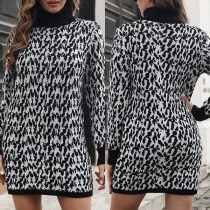 Fashion Floral Jacquard Turtleneck Long Sleeve Knitted Sweater Dress without belt