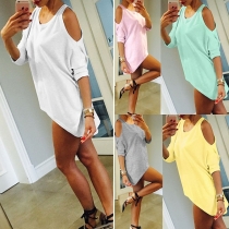 Stylish Solid Color Cold Shoulder Round Neck 3/4 Sleeve High-low Hemline Tops