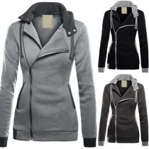 Casual Style Hooded Long Sleeve Oblique Zipper Jacket For Women