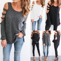 Sexy Solid Color Round Neck Cold Shoulder Long Sleeve Hollow Out T-shirt