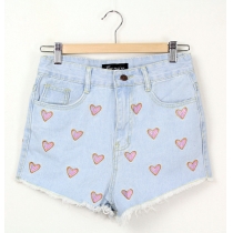 Cute Sweet Heart Print Frayed High Waist Hot Shorts