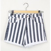 Retro Chic Vertical Stripe Cuffed High Waist Hot Shorts