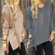 Fashion Solid Color Long Sleeve Round Neck Loose Tassel Tops