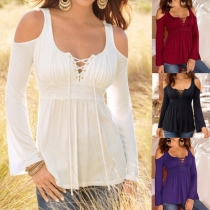 Sexy Solid Color Lace Spliced Lace-up V-neck Cold Shoulder Long Sleeve Tops