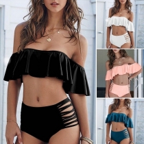 Fashion Sexy Solid Color Off-shoulder Ruffle Two-piece Bikini Swimsuit 