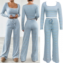 Casual Blue and White Stripe Printed Two-piece Set Consist of Crop Top and Straight-cut Pants