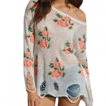 Unique Loose Fitting Rose Print Frayed Knit Shirt