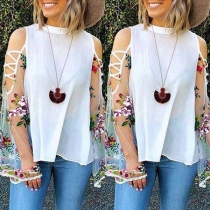 Sexy Off-shoulder Embroidered Spliced Trumpet Sleeve Loose Top 