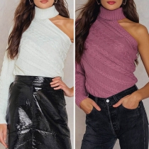 Sexy Off-shoulder One-sleeve Turtleneck Solid Color Sweater 