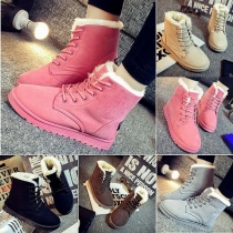 Classic Style Solid Color Lace-up Round Toe Flat Boots For Women