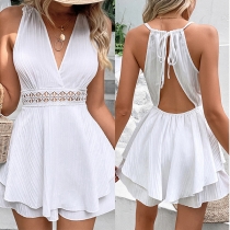 Fashion V-neck Sleeveless Lace Spliced Hollowout Romper