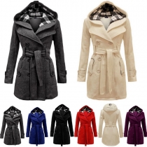Fashion Solid Color Double-breasted Hooded Woolen Coat