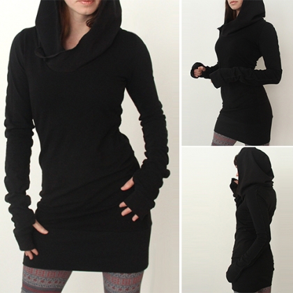 Fashion Solid Color Long Sleeve Slim Fit Hooded Dress