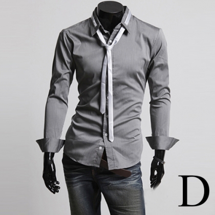 Fashion Solid Color Lapel Long Sleeve Single-breasted Men's Shirt with Tie