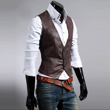 Fashion Solid Color V-neck Slim Fit Men's PU Leather Vest