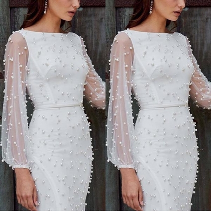 spliced gauze beaded slim neck sleeve round sexy dress