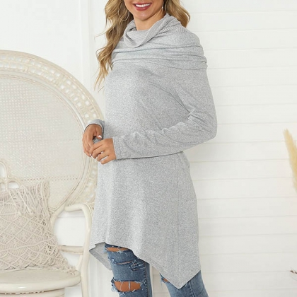 fashion long sleeve cowl neck irregular hem printed top