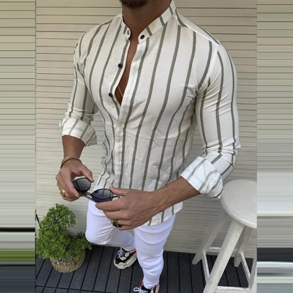 Fashion Long Sleeve Stand Collar Men's Striped Shirt