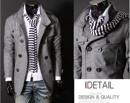 Fashion Solid Color Long Sleeve Double-breasted Men Woolen Coat