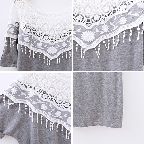 Elegant Loose Fitting Floral Cutout Fringed Lace Spliced T-shirt