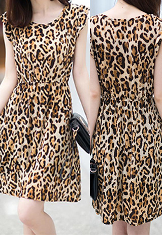 Fashion Leopard O-Neck Sleeveless Dress