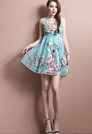 Elegant Sweet Flower Embroidery Semi-sheer Party Dress