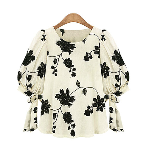 Bowknot Half Sleeve Floral Embroidery Loose Blouse Top