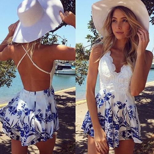 Sexy Backless V-neck Lace Spliced Floral Print Jumpsuits(The size runs ...