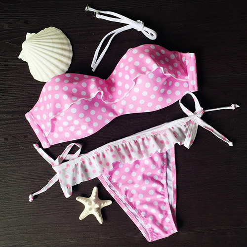 Sexy Dots Print Flouncing Bandeau Bikini Set