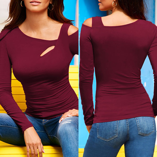 Sexy One-shoulder Cutout Solid Color Long Sleeve T-shirt