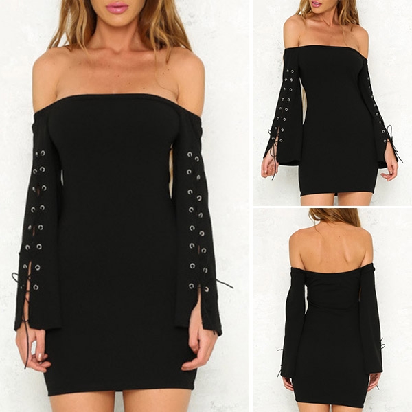 Sexy Off-shoulder Boat Neck Lace-up Trumpet Sleeve Dress