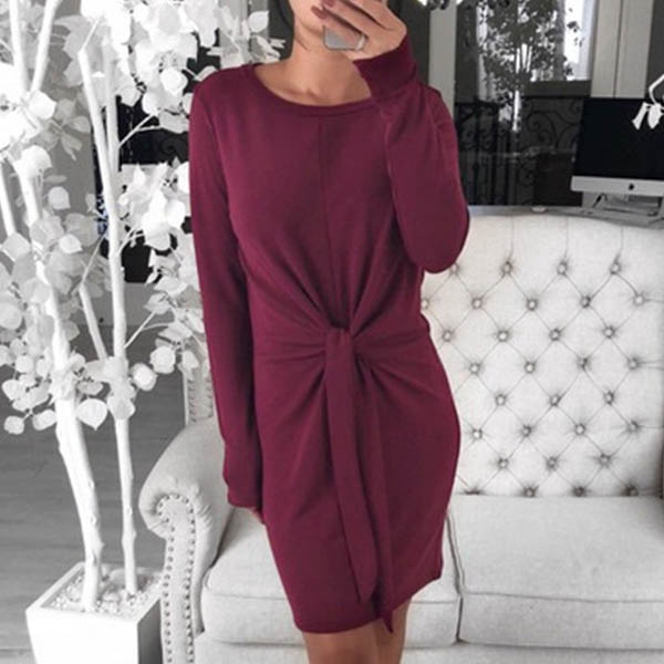 Fashion Solid Color Long Sleeve Round Neck Knotted Dress
