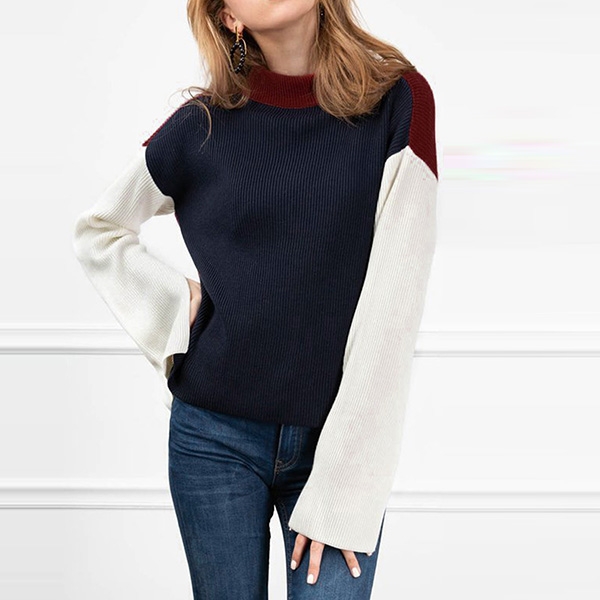 Fashion Contrast Color Slit Long Sleeve Mock Neck Knit Top