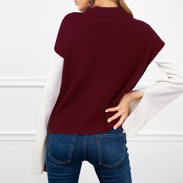 Fashion Contrast Color Slit Long Sleeve Mock Neck Knit Top