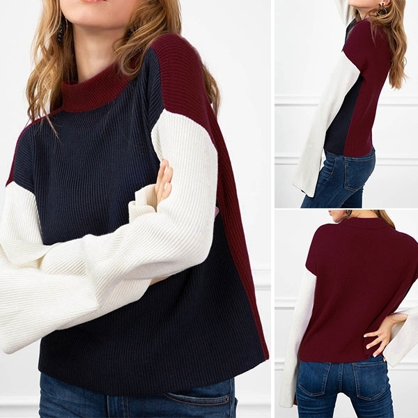 Fashion Contrast Color Slit Long Sleeve Mock Neck Knit Top