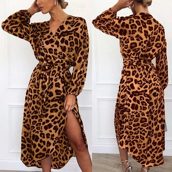 Fashion Contrast Color Leopard Printed Long Sleeve V-neck Slit Hemline ...