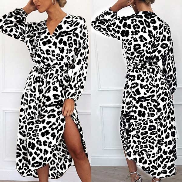 Fashion Contrast Color Leopard Printed Long Sleeve V-neck Slit Hemline ...