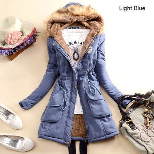 Fashion Solid Color Artificial Fur Spliced Hooded Gathered Waist Warm Coat