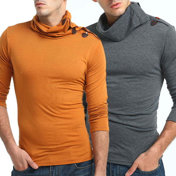 Fashion Solid Color Long Sleeve High Neck Slim Fit Men's T-shirt